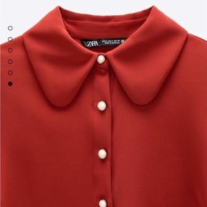 Zara Red Pearl Button Short Sleeve Puff Sleeve Mini Dress M